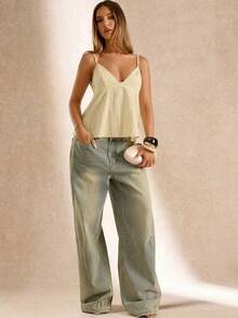 SHEIN BAE 春夏沙滩休闲度假亚麻提花粉色吊带背心/夏季背心/亚麻背心/粉色背心/沙滩上衣/休闲上衣 - 粉色 - 查看 7