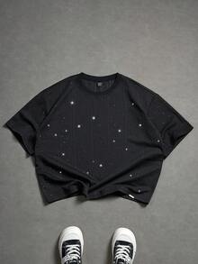 PAVTROS Men's Shiny Round Neck Loose Casual Short Sleeve T-Shirt - Black - View 3