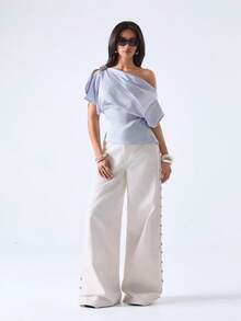 2026 Blusa elegante de mujer con cuello asimétrico y cintura ceñida, para verano - Celeste - Ver 3