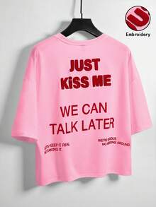 Manfinity Hypemode Street Casual Red Slogan 3D Embroidery White Loose T-Shirt - Pink - View 3