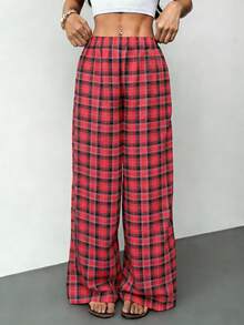 INAWLY Pantalones anchos de cintura elástica a cuadros de estilo casual francés - Rojo - Ver 5
