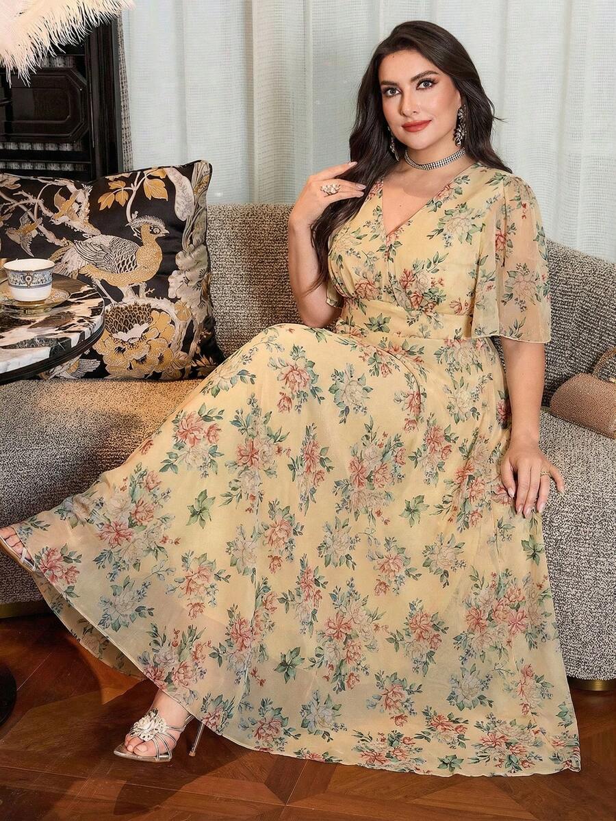 Modelyn 女款V領荷葉邊短袖收腰A字版型浪漫優雅大尺碼長洋裝，適合春夏度假