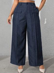SHEIN Tall CURVE Pantalones de traje casuales y elegantes para mujer de talla grande - Azul Marino - Ver 3