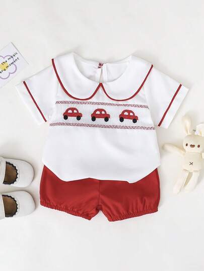 SHEIN Playful Pals 2pcs Baby Boy Toddler Outfit: Collared Car Print Shirt Paired With Blue Woven Shorts, Suitable For Parties, Weddings, As Page Boy Attire, Adorable & Gentlemanly Cars Outfit For Baby Boy Baby Short Sets Baby Summer Clothes New Born Clothes Set Boy
