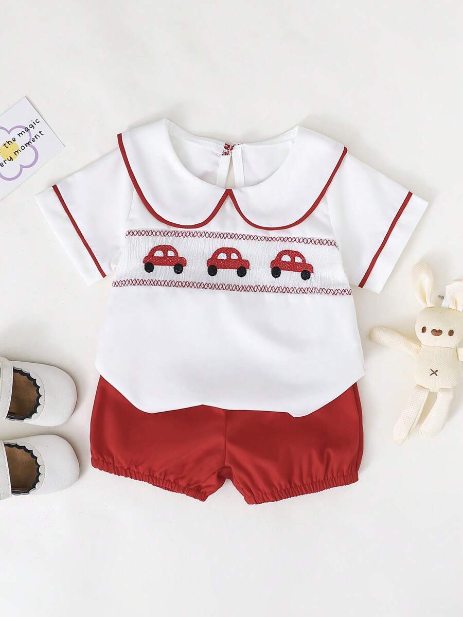 SHEIN Playful Pals 2件組男嬰幼童白色與紅色汽車印花領口襯衫&短褲套裝 夏季可愛紳士風派對婚禮家庭穿搭服飾 - 紅色 - 查看 1