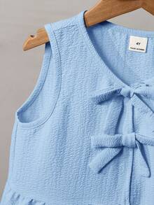 SHEIN Camisa sin mangas de unicolor con lazo para niñas jóvenes - Azul - Ver 3