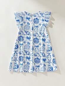 Maija Kids Maija Kids 1 chiếc đầm dệt kim không tay dáng rộng, thanh lịch, dễ thương họa tiết vỏ sò và sao biển, viền bèo nhún, thích hợp mặc hàng ngày, đi học, dã ngoại, họp mặt, lễ hội, mùa xuân và mùa hè. - Xanh và trắng - Xem 3