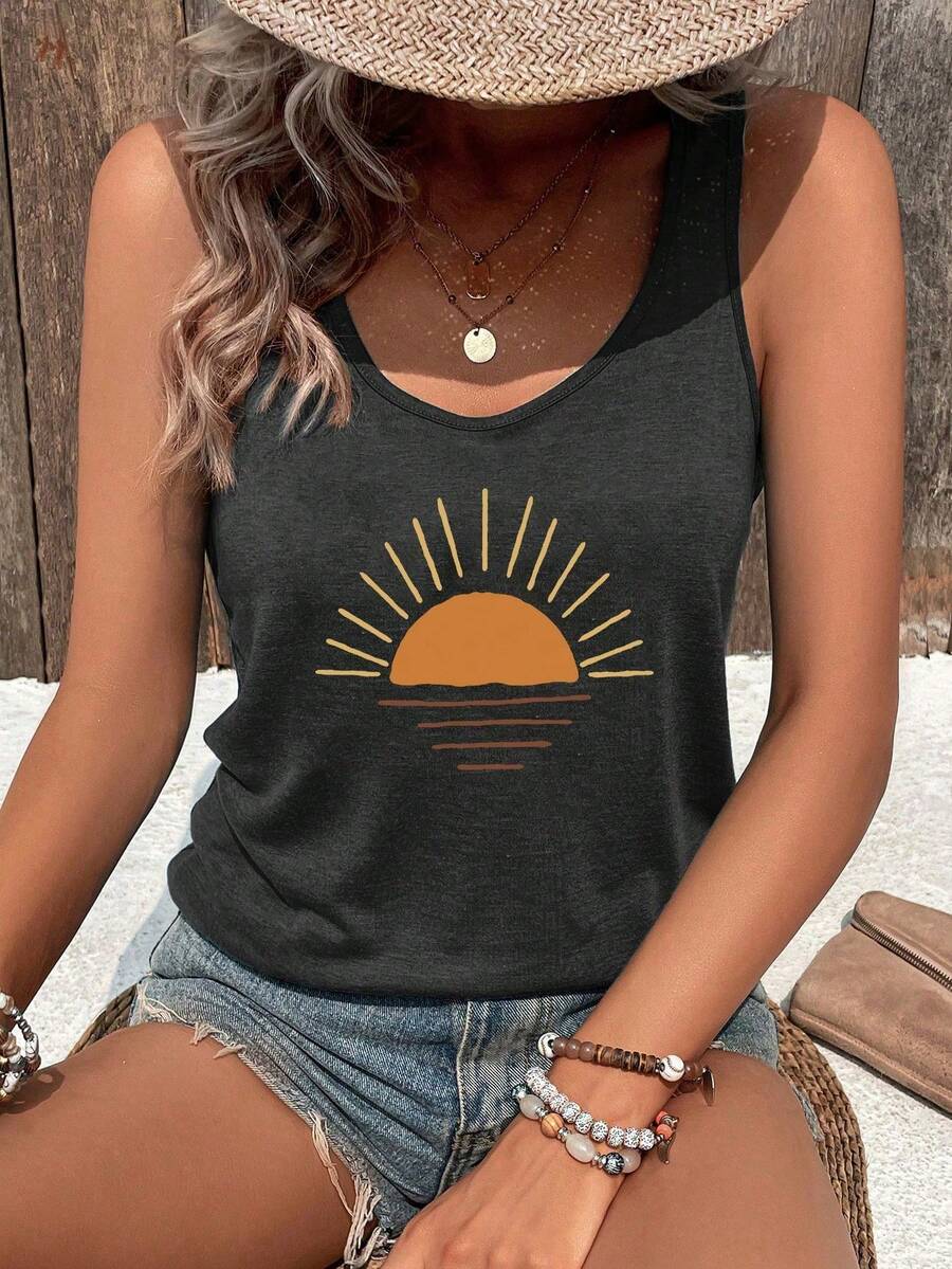 Selamara Áo tank top nữ in họa tiết nắng, thích hợp cho kỳ nghỉ. - Xám - Xem 1