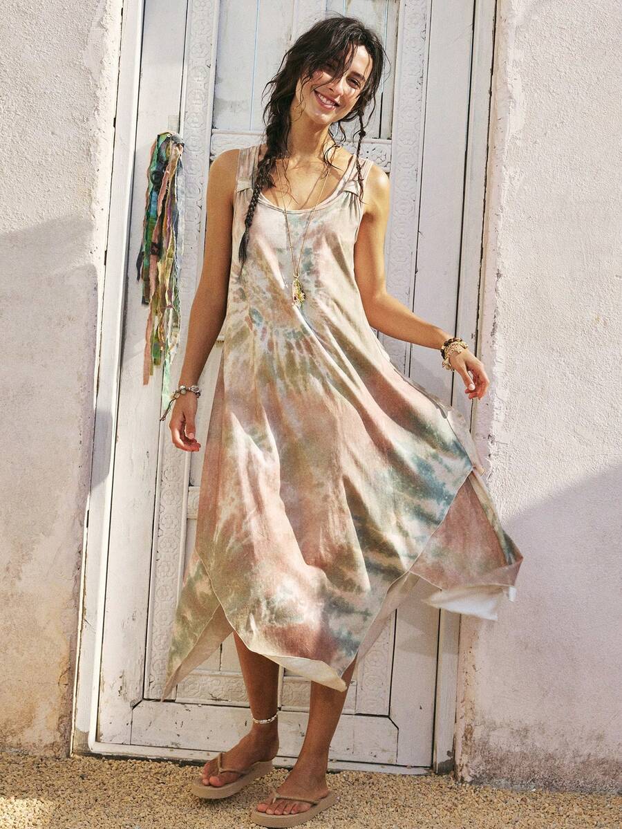 SoleilVie Women's Bohemian Tie-Dye Sleeveless Dress, Hollow Neckline Asymmetrical Hem Loose Casual Sleeveless Asymmetrical Hem Vacation Dress - Multicolor - View 1