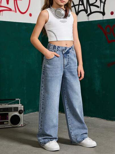 Genç Kızlar İçin Y2K Tarzı Vintage Yıkanmış Mavi Asimetrik Bel Bol Kesim Düz Paça Kot Pantolon, Günlük Kullanıma Uygun