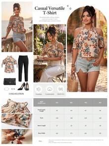 SHEIN CURVE+ Plus Size Women's Off-Shoulder Bow-Tie Printed Casual Blouse Vacation Beige Summer - Multicolor - View 2
