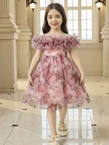 Young Girl Elegant Multi-Layered Ruffle Floral Print Mid-Length Dress - Baby Pink - View 3