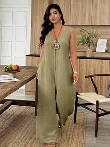 Weeklong White Plus-Size Jumpsuit - Sleeveless, V-Neck & Loose Fit, Suitable For Daily Wear & Office Commute, Spring & Summer Outfit - Olive Green - View 3