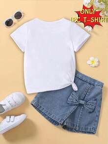 Spring/Summer Girls' Casual Fashionable Creative Fresh Simple Blue Floral Print Basic White Short-Sleeve T-Shirt, Comfortable For Everyday Wear - White - View 2