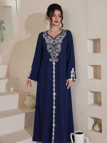 Al Najma Đầm maxi dài tay xẻ tà, dáng rộng, sang trọng, thêu và đính cườm, phong cách truyền thống Thổ Nhĩ Kỳ và Ả Rập. - Xanh đậm - Xem 6