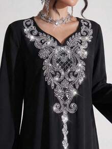 Al Najma Đầm maxi dài tay xẻ tà, dáng rộng, sang trọng, thêu và đính cườm, phong cách truyền thống Thổ Nhĩ Kỳ và Ả Rập. - màu đen - Xem 1