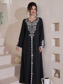 Al Najma Đầm maxi dài tay xẻ tà, dáng rộng, sang trọng, thêu và đính cườm, phong cách truyền thống Thổ Nhĩ Kỳ và Ả Rập. - màu đen - Xem 5