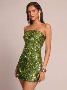 Glamine 女士亮片无肩带魅力时尚迷你连衣裙 - 綠色 - 查看 6
