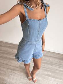 Sunnyshic Women's Casual Denim Jumpsuit With Ruffle Hem & Knot Detail - Light Wash - View 5