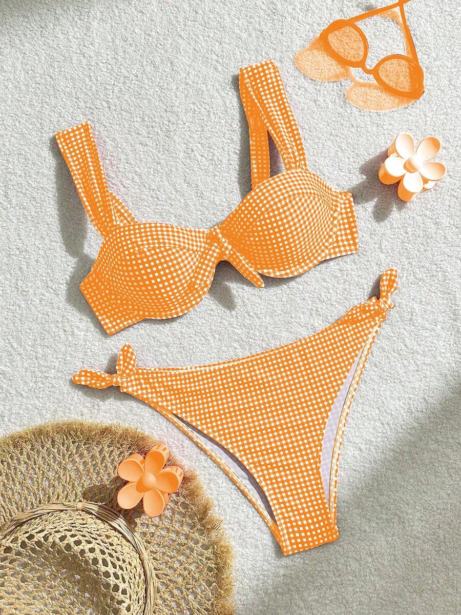 Swim Mod 2件套女士格子系带比基尼泳衣套装，夏季 - 彩色 - 查看 1