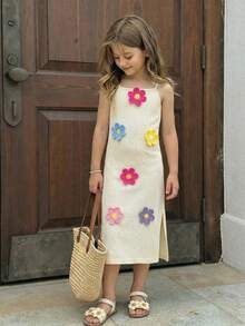 Emery Rose Kids Emery Rose Kids 女童纯色针织3D立体花卉休闲吊带裙 - 杏色 - 查看 6