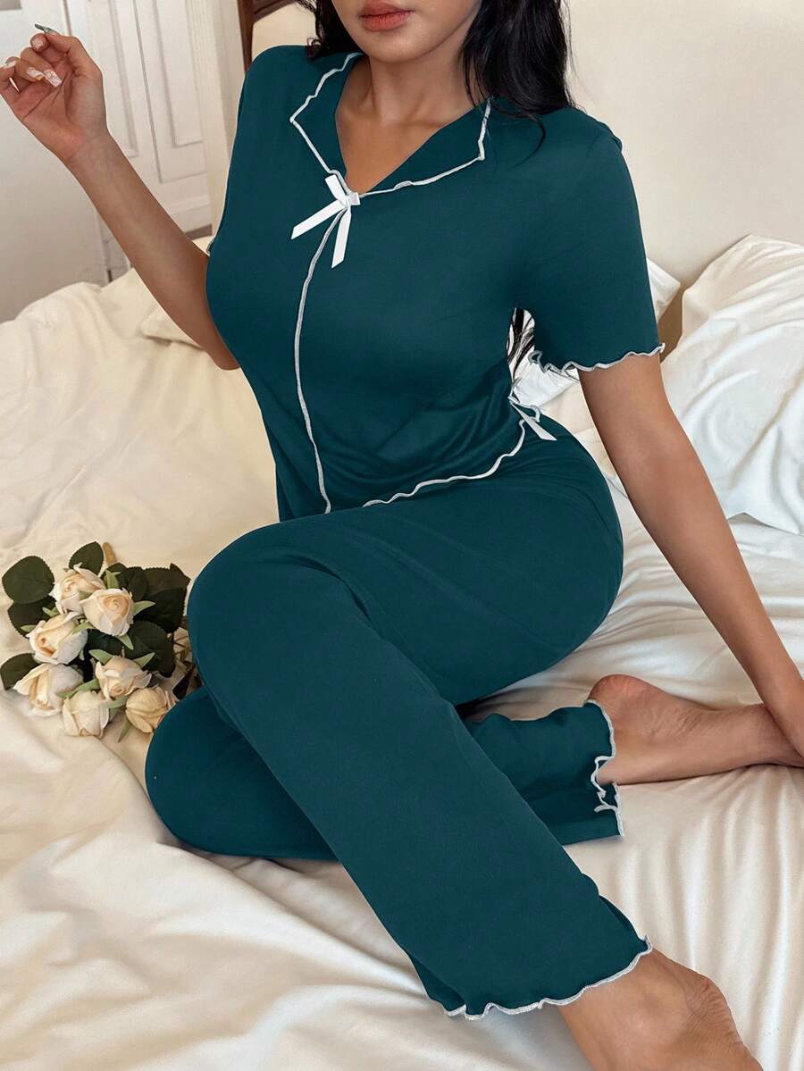 Napfluff Minimalist Casual V-Neck Front Long Back Short Design Contrast Color Stripe White Bow Decor Black Soft Thin Milk Silk Fabric Pajama Set - Dark Green - View 1
