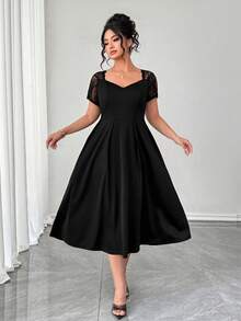 SHEIN Elenzya Plus Size Lace Patchwork Black Summer Elegant Formal Dress, Date Night Party Waist Versatile Chic Tea Ankle Length Midi Cocktail - Black - View 3