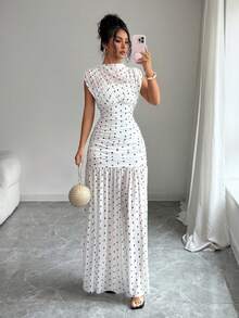 Elenzga White And Black Polka Dot Summer Elegant Holiday Tea Party Vacation Stand Collar Sleeveless Hollow Out Mesh Patchwork Pleated A-Line Maxi Dress - White - View 1