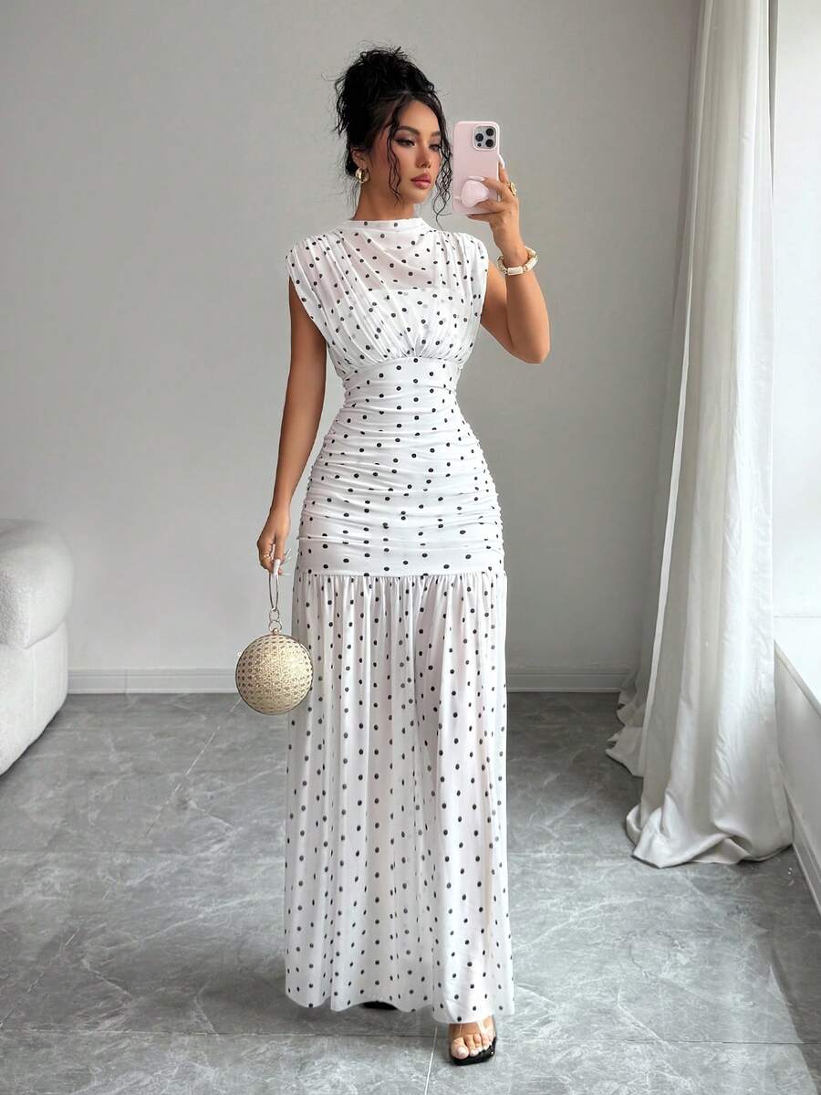 Elenzga White And Black Polka Dot Summer Elegant Holiday Tea Party Vacation Stand Collar Sleeveless Hollow Out Mesh Patchwork Pleated A-Line Maxi Dress - White - View 1