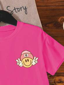 Young Girls' Casual Comfortable Fashion Cute Personalized Letter, Checkerboard, Face, Floral Print Short Sleeve T-Shirt, Suitable For Spring/Summer Daily Wear And - Hot Pink - View 5