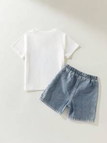 Maija Kids Maija Kids 两件套男童休闲优雅都市校园风可爱小狗图案白色针织短袖圆领T恤和蓝色牛仔短裤套装，适合休闲、外出、聚会、度假、春夏季节穿着。 - 彩色 - 查看 3
