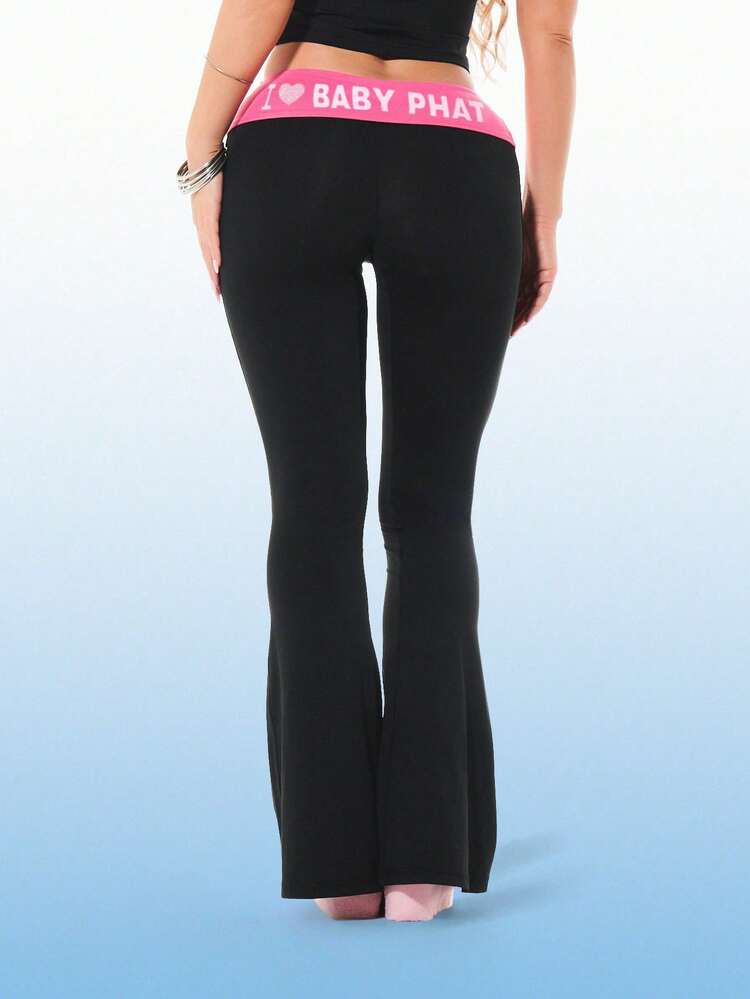 BABYPHAT Legging Flare com Cintura Dobrada, Estampa de Slogan, Malha, Cintura Alta, Stretch, com Marca
