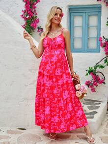 SHEIN Pregnant Women's Summer Beach Vacation Floral Print Tiered Hem Sleeveless Dress - Red - View 6