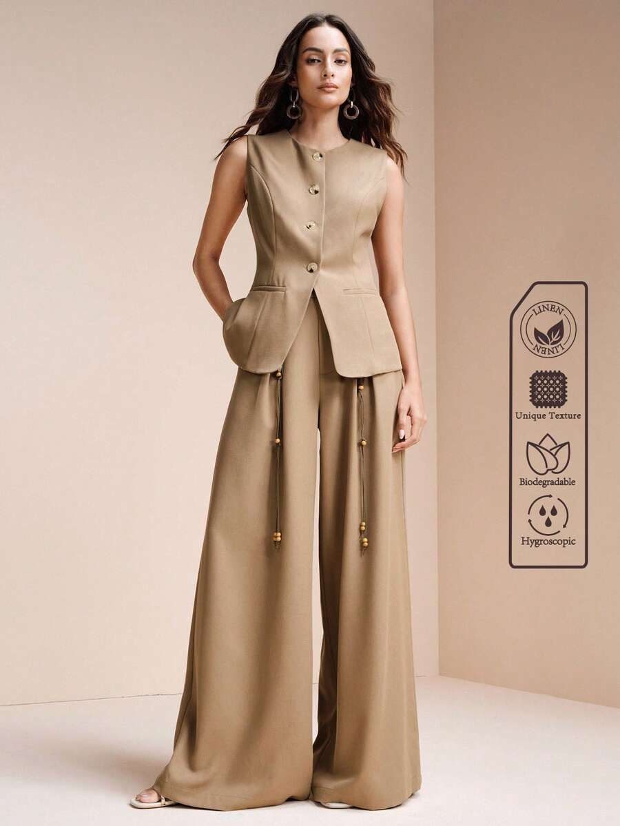 Arave Women's X-Shaped Crew Neck Sleeveless Ruched Waist Top, High Waist Straight Leg Pants With Beaded Cinched Waist Design, Casual Commuter Suit - Coffee Brown - View 1