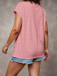 EMERY ROSE Plus Size Heather Dusty Pink Crew Neck Dolman Batwing Short Sleeve Chest Pocket Loose Knit T-Shirt Women Summer Daily Casual Basic Tee - Pink - View 2