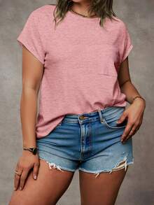 EMERY ROSE Plus Size Heather Dusty Pink Crew Neck Dolman Batwing Short Sleeve Chest Pocket Loose Knit T-Shirt Women Summer Daily Casual Basic Tee - Pink - View 3