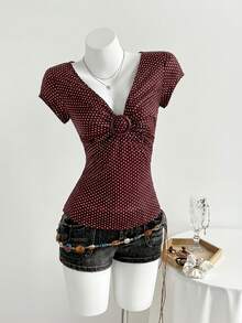 Áo thun ngắn tay họa tiết chấm bi hình tròn dành cho thiếu nữ - màu nâu - Xem 1