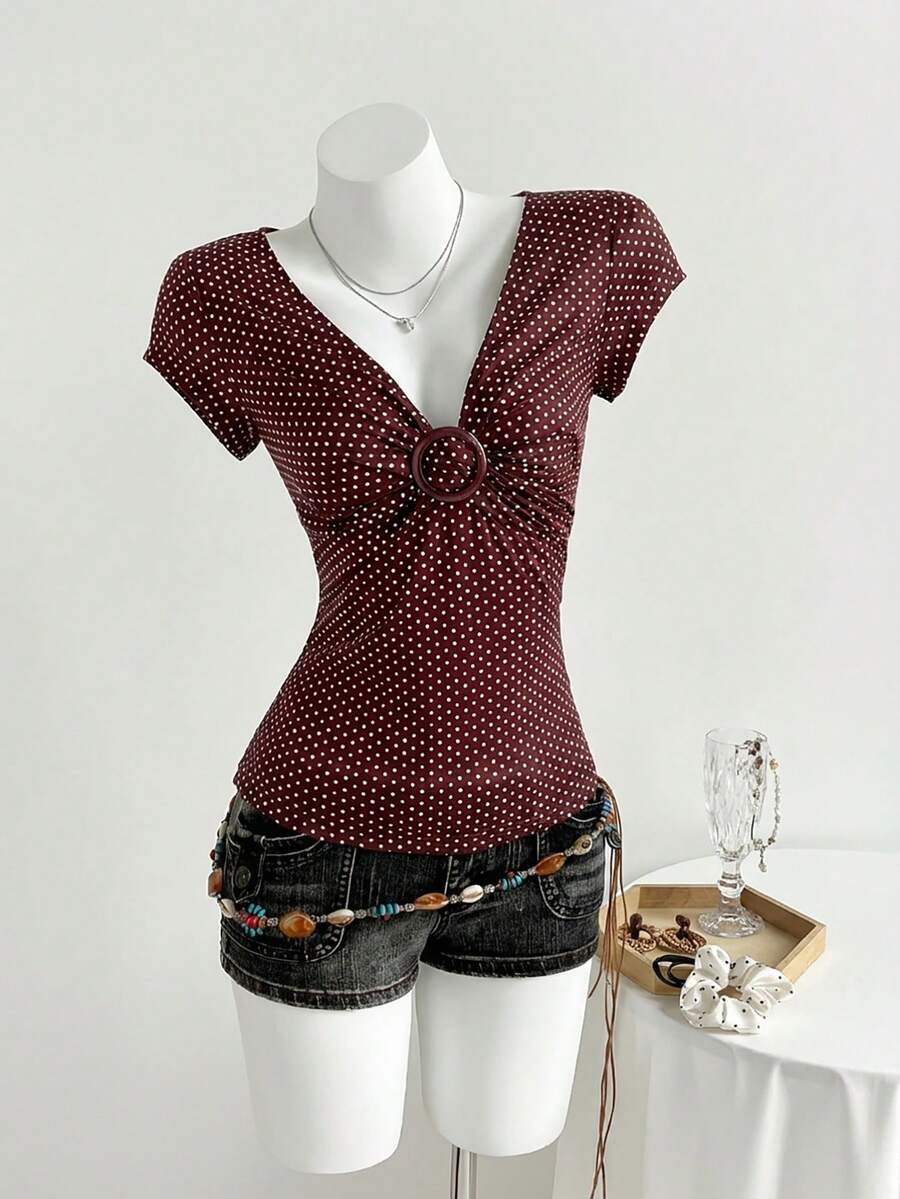 Áo thun ngắn tay họa tiết chấm bi hình tròn dành cho thiếu nữ - màu nâu - Xem 1