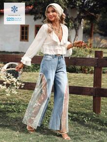 Breezaya 女士休闲日常水洗撞色网眼阔腿牛仔裤 - 淺色水洗藍 - 查看 3