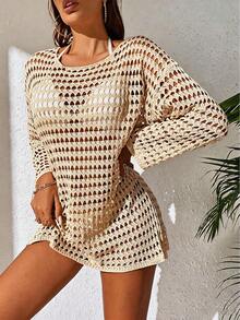 SHEIN Swim 女士春夏性感沙滩度假纯色开襟针织宽松蝙蝠袖罩衫连衣裙 - 米色 - 查看 4