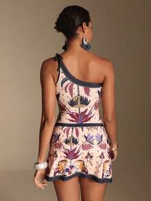 Swim Oasis Bộ đồ bơi liền thân kèm váy in họa tiết hoa và chim nhiệt đới dành cho nữ, kiểu cổ yếm, thích hợp cho kỳ nghỉ biển. - Nhiều màu - Xem 3