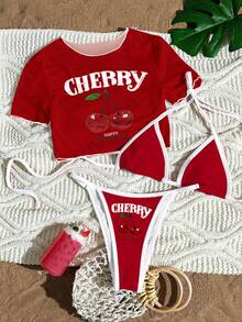 Swim Mod Bộ đồ lướt sóng 3 món dành cho nữ, gồm bikini hai dây in chữ Cherry, áo khoác ngoài bằng vải lưới xuyên thấu cổ tròn tay ngắn và bộ đồ bơi dệt kim. - Đỏ và trắng - Xem 1