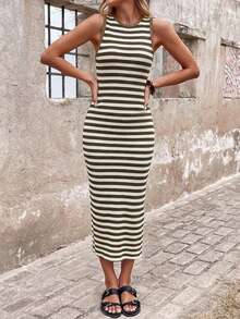 SHEIN LUNE Đầm dệt kim kẻ sọc dành cho nữ, thích hợp cho kỳ nghỉ, công sở, hẹn hò và các dịp khác, dài ngang gối có xẻ tà. - Nhiều màu - Xem 5