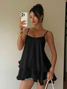 Siren Gaze 女士层叠荷叶边雪纺吊带背心，优雅夏季约会之夜上衣 - 黑色 - 查看 7