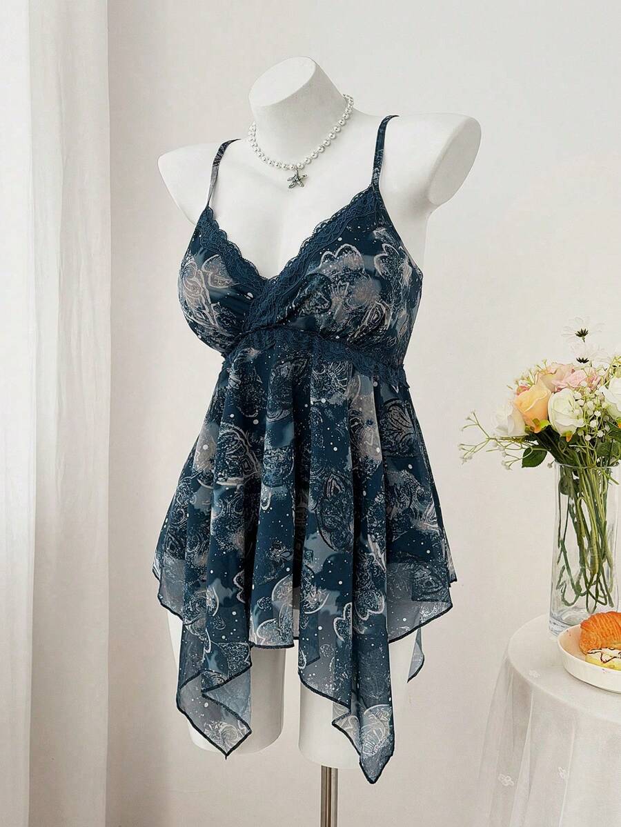 Sweetra Áo hai dây nữ in họa tiết hoa điều, cổ ren, vạt áo bất đối xứng, họa tiết Paisley, thích hợp cho lễ hội âm nhạc, mùa hè, kỳ nghỉ, mặc hàng ngày. - Màu xanh lam - Xem 1