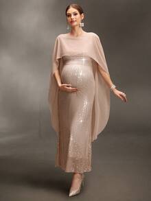 Cheriluna Maternity Sleeveless Round Neck Chiffon Shawl Fitted Sequin Maxi Dress With Double-Layer Fishtail Hem Design For Maternity Photography - Champagne - View 4