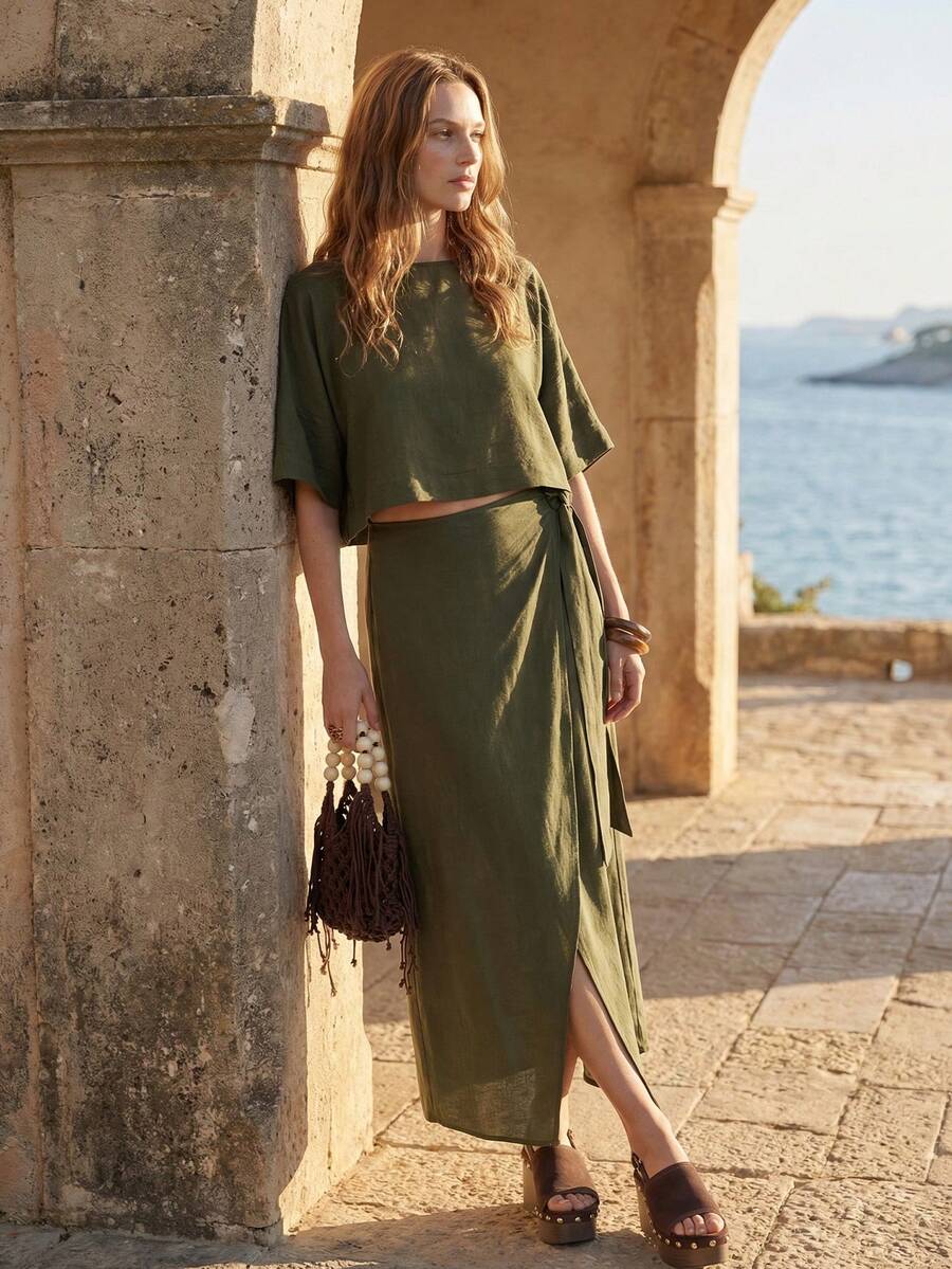 Women Army Green Batwing Sleeve Top And Pants 2 Pieces Set - Army Green - View 1