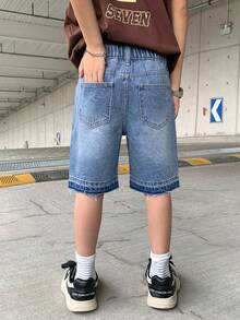 SHEIN 青少年男孩時尚休閒 Y2k 復古酷感街頭閃亮字母鉚釘藍色寬鬆牛仔短褲 日常穿搭 春夏 派對音樂節 街頭風 開學季 - 藍色 - 查看 2