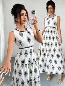 Selianne Damen modisches bedrucktes Kleid mit rundem Ausschnitt, ärmellos, tailliert, romantisch, elegant, Lässig, für Büro, Date, Party, Dinner, Frühling/Sommer - Verschiedenfarbig - Übersicht 4