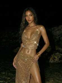 SHEIN ICON Áo thun nữ phong cách Y2K màu be, thích hợp cho kỳ nghỉ hè, đi biển, dự tiệc, Coachella, club, hippie, gợi cảm, đính sequin, khoét lưng, cổ yếm, chất liệu dệt kim, thích hợp cho mùa hè. - Màu Khaki - Xem 1